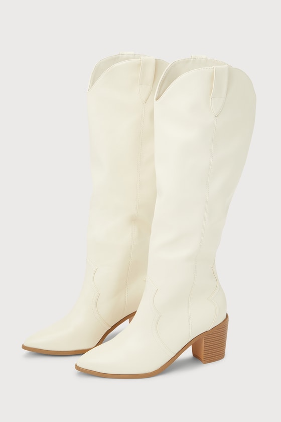 Lulus Ramona White Pointed-toe Knee-high Western High Heel Boots