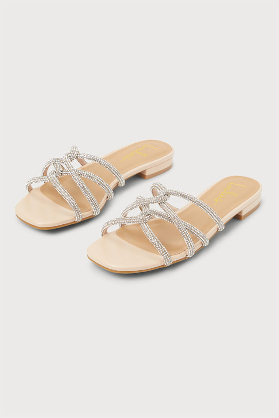 Totally Darling Nude Knit Slide On Sandals with Silver Beaded Embellishment main image 1