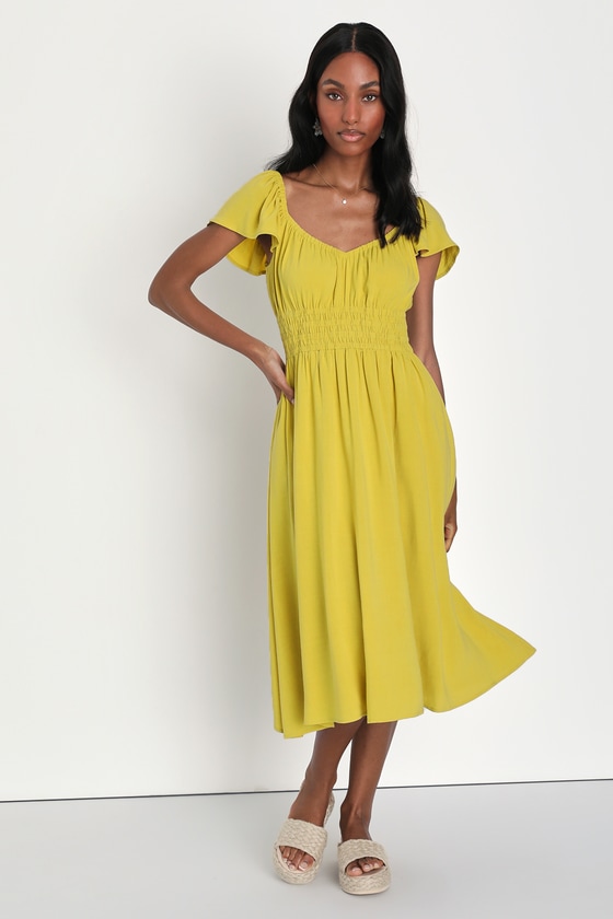 Lulus Madrid Memories Chartreuse Linen Midi Dress With Pockets In Green