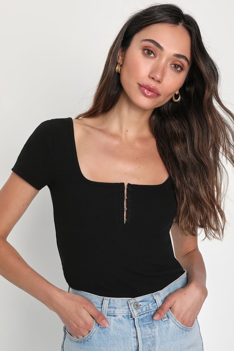 Black Ribbed Crop Top - Black Hook-and-Eye Top - Corset Top - Lulus