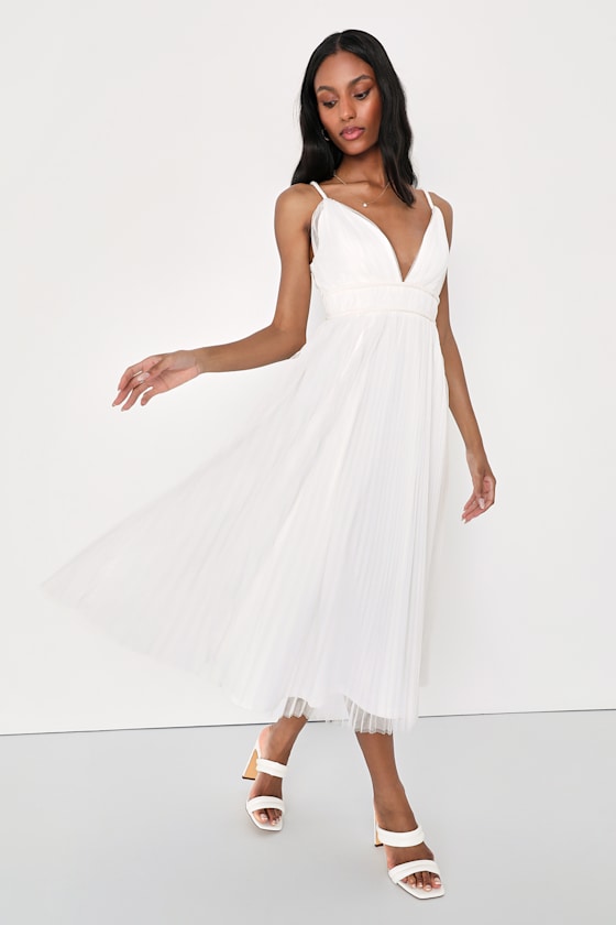 White Mesh Dress Pleated Midi Skater Dress Braided Dress Lulus
