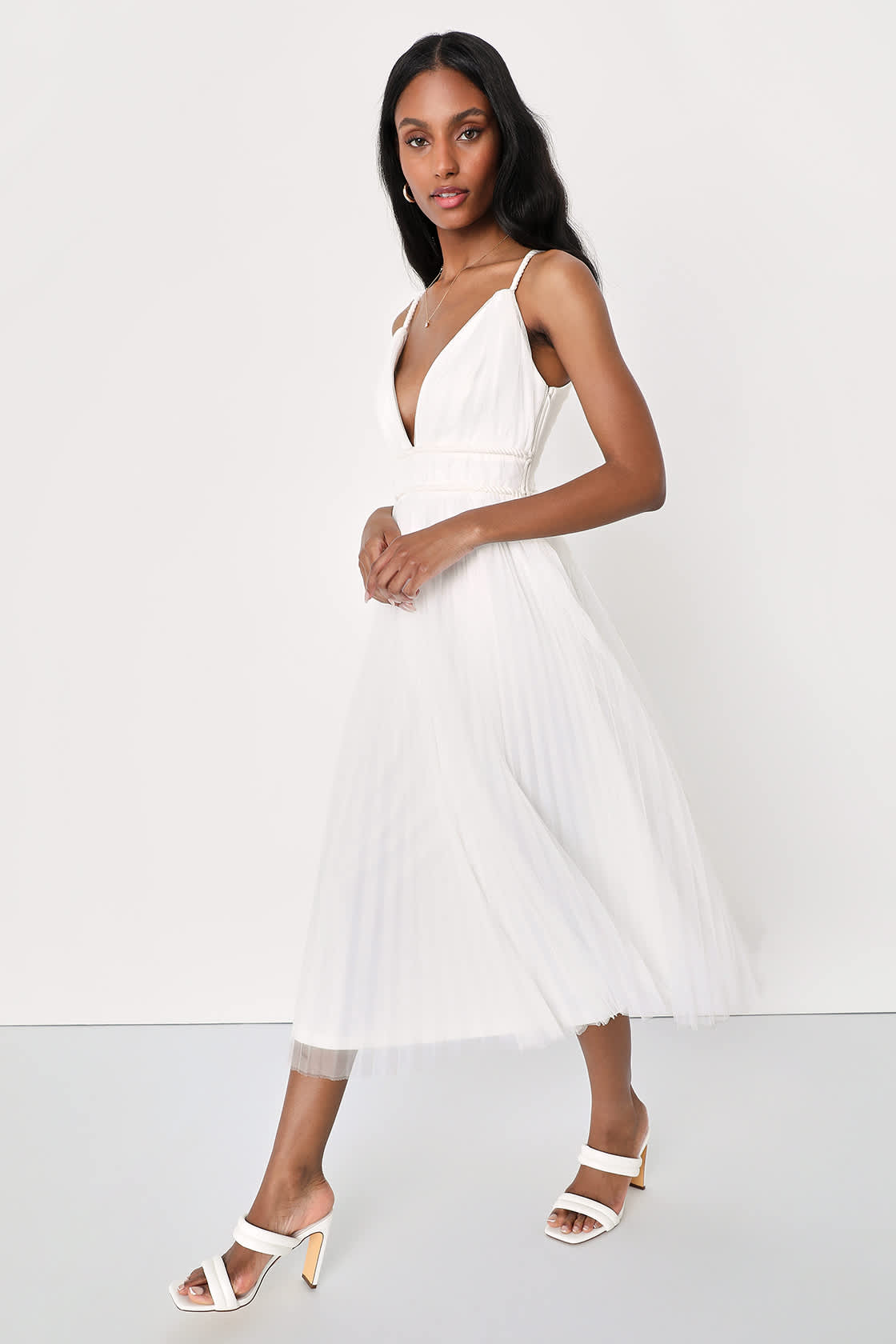 Sweet Goddess White Mesh Pleated Sleeveless Midi Dress