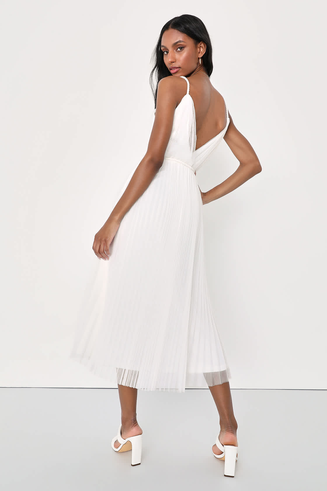 Sweet Goddess White Mesh Pleated Sleeveless Midi Dress