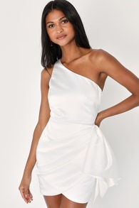 All About Her White Satin One-Shoulder Bow Mini Dress