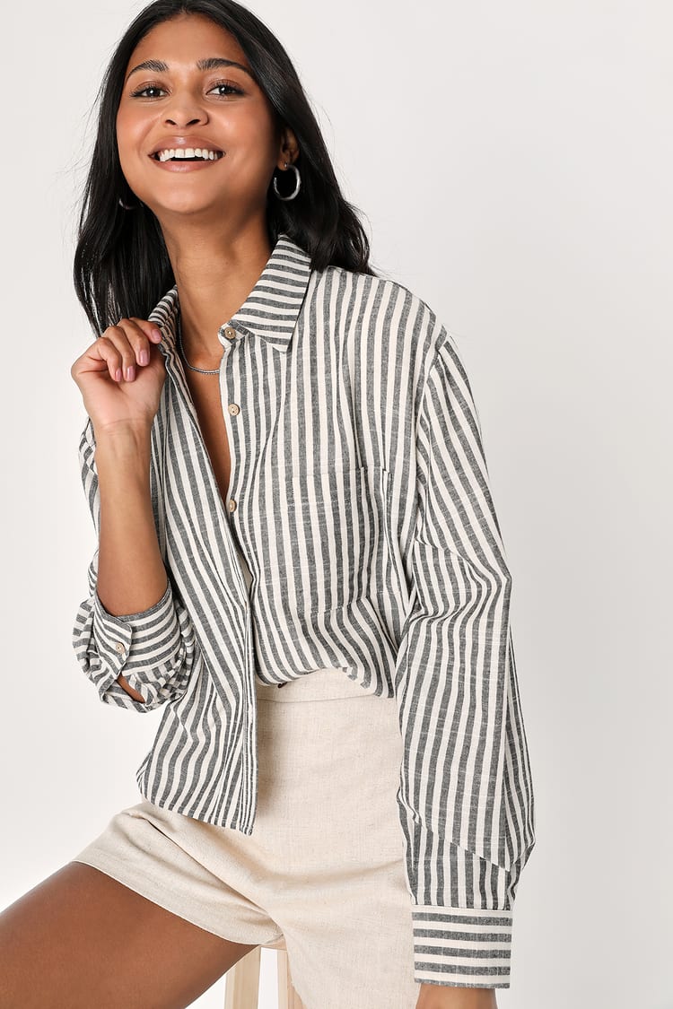 Long Sleeve Crop Top - Striped Collared Top - Button-Up Crop Top - Lulus