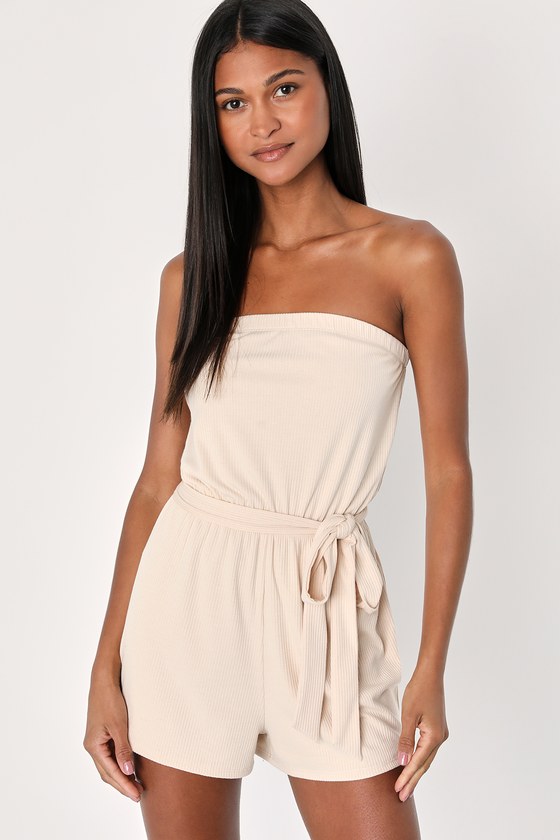Lulus Leisurely Moments Beige Ribbed Knit Strapless Lounge Romper