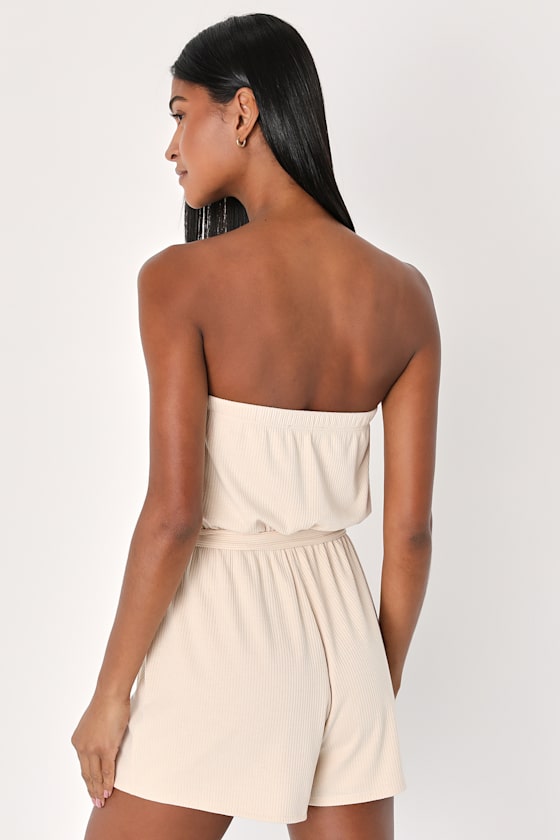 Leisurely Moments Beige Ribbed Knit Strapless Lounge Romper