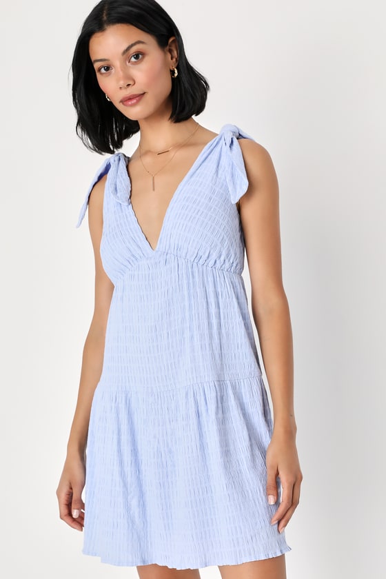 Blue Embroidered Dress - Tie-Strap Babydoll Dress - Mini Dress - Lulus