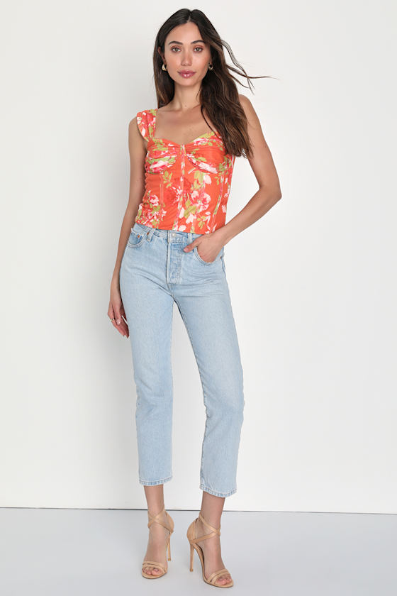 Orange Pleated Viscose Multi Color Flower Printed Crop Top With Gold Foil Accents