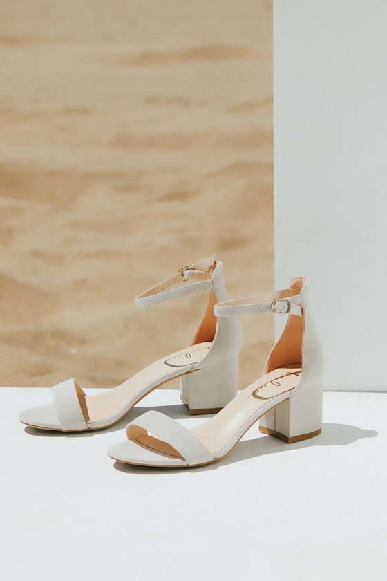 Harper Light Grey Suede Ankle Strap Heels 1