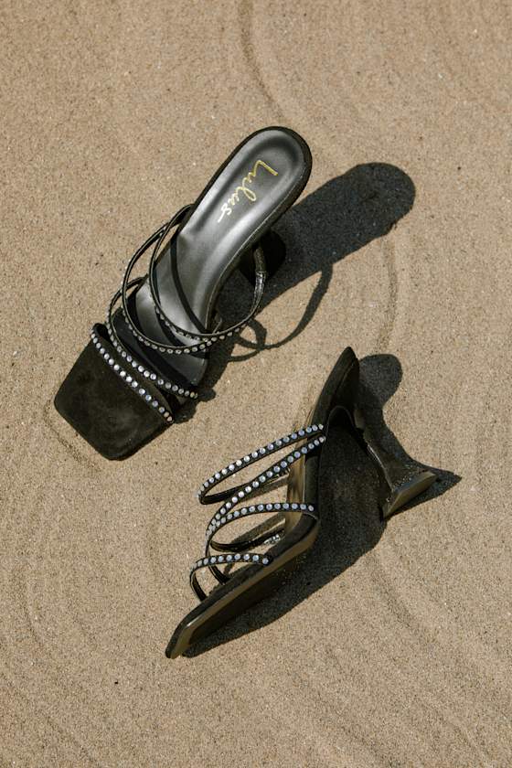 SL RHINESTONE HEELED SANDALS BLACK SATIN