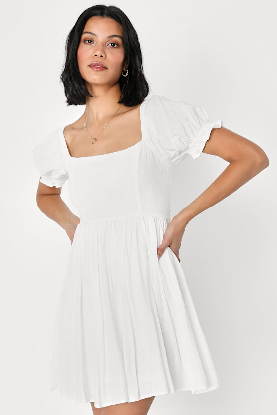 White Puff Sleeve Dress - Swiss Dot Mini Dress - Skater