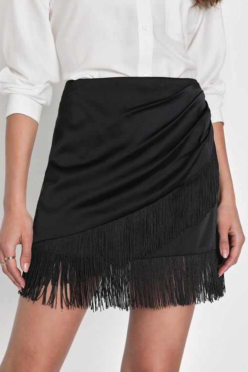 Celebration Charisma Black Satin Faux-Wrap Fringe Mini Skirt