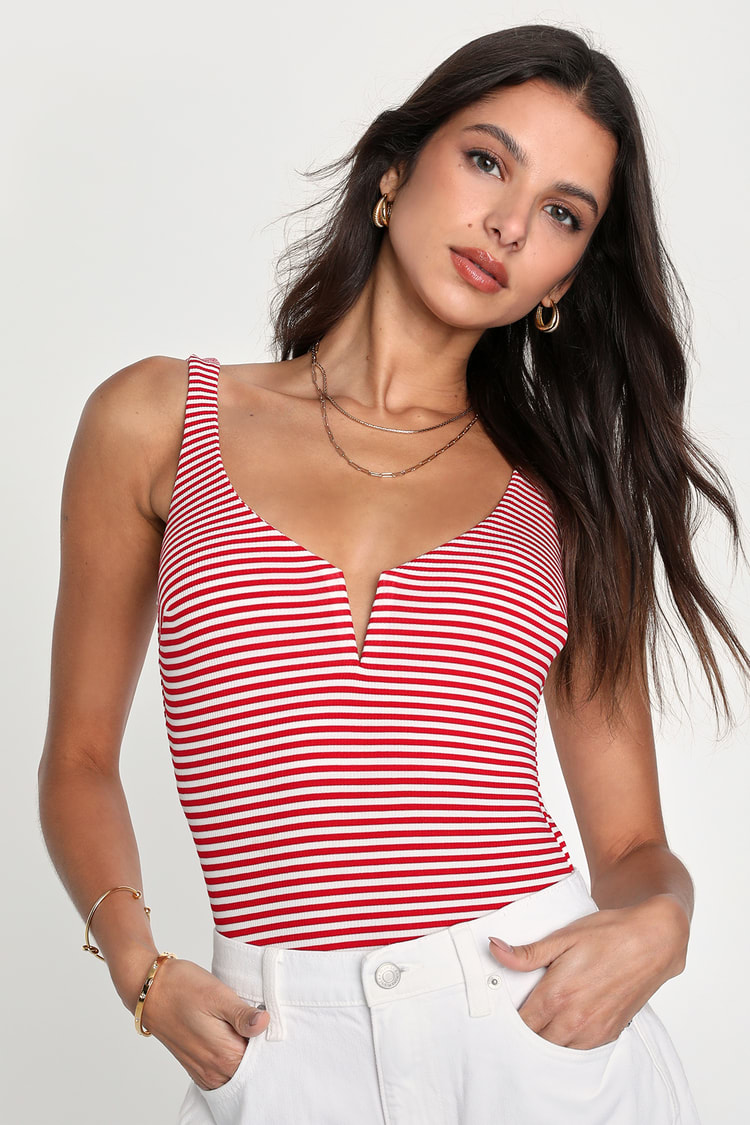Red & White Striped Top - Striped Bodysuit - Notched Women's Top