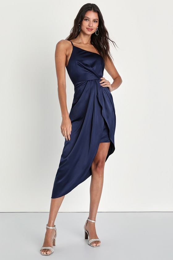 Law of Attraction Navy Blue One-Shoulder Asymmetrical Dress