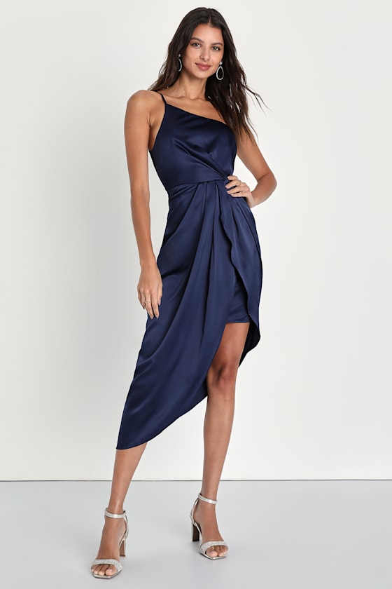 Law of Attraction Navy Blue One-Shoulder Asymmetrical Midi Dress 10