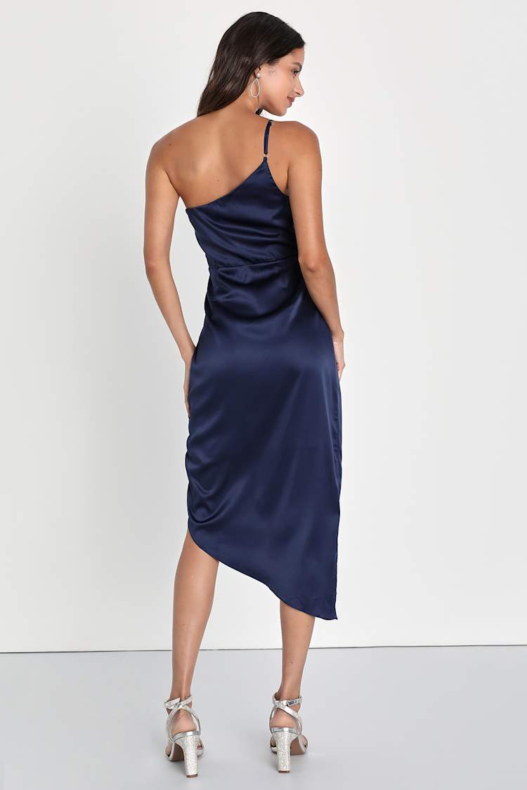 Navy Blue Midi Dress - Satin Midi Dress - One-Shoulder Dress - Lulus