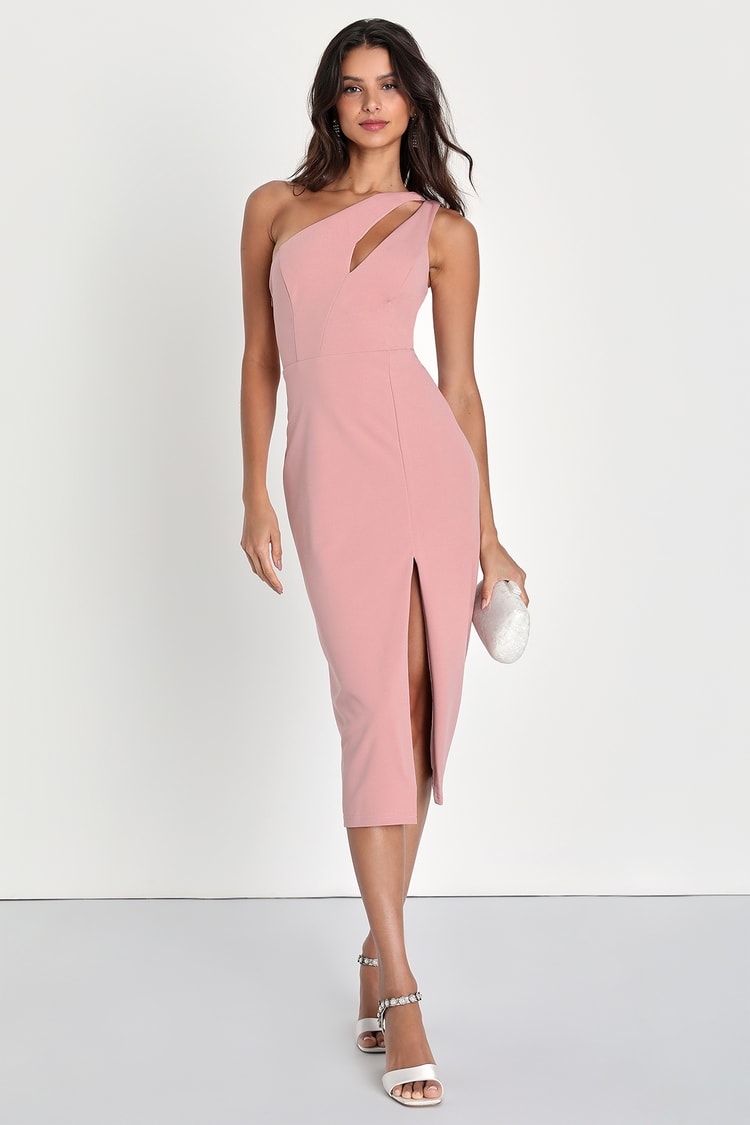 Blush Pink Midi Dress - Asymmetrical Dress - One-Shoulder Dress - Lulus