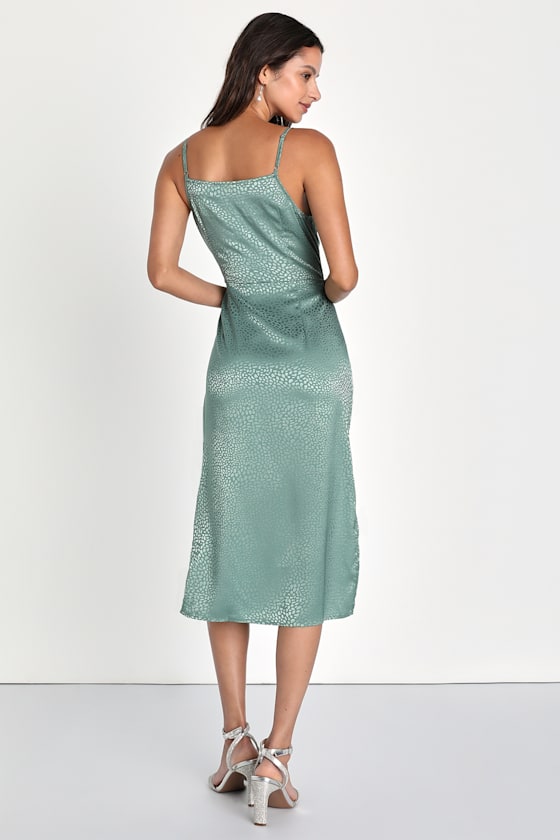 Total Stunner Sage Green Satin Jacquard Cowl Neck Midi Dress 13