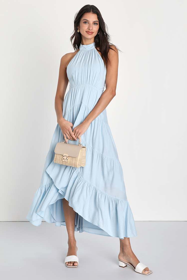 Light Blue Tiered Dress - Halter Sundress - High-Low Dress - Lulus