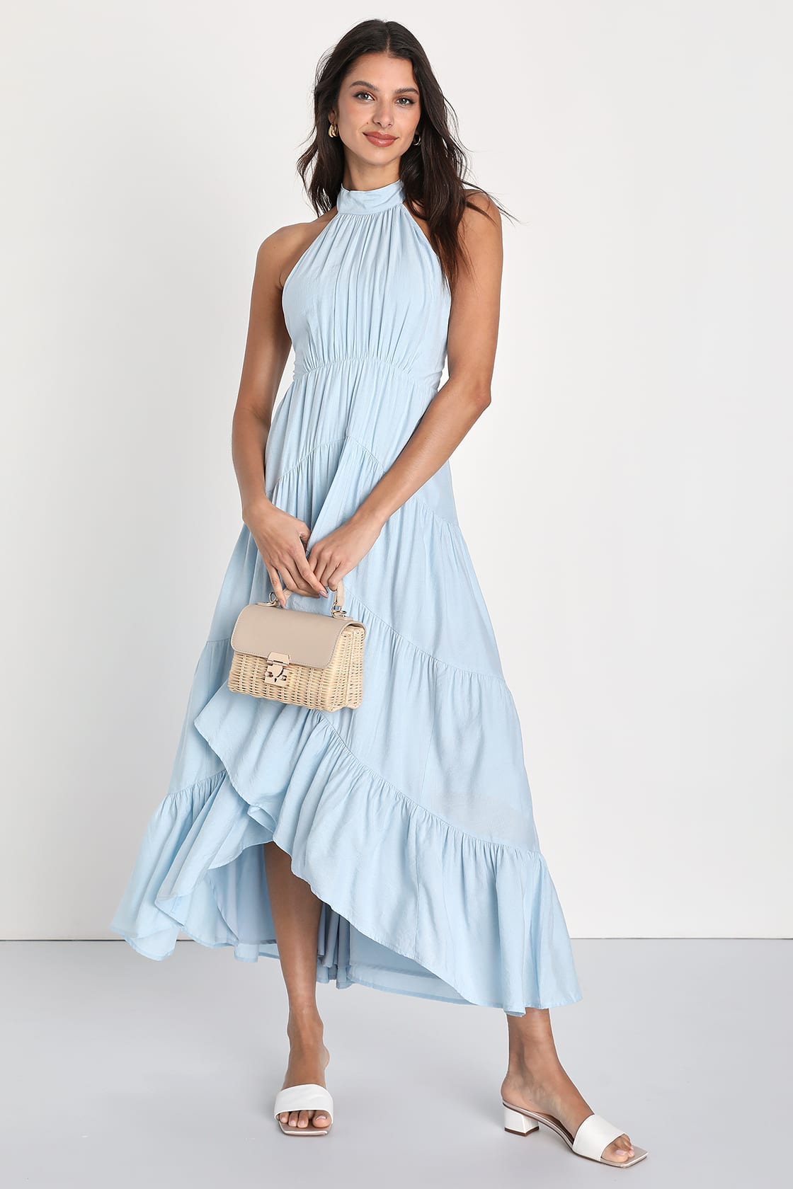 Breezy Radiance Light Blue Tiered Halter High-Low Maxi Dress