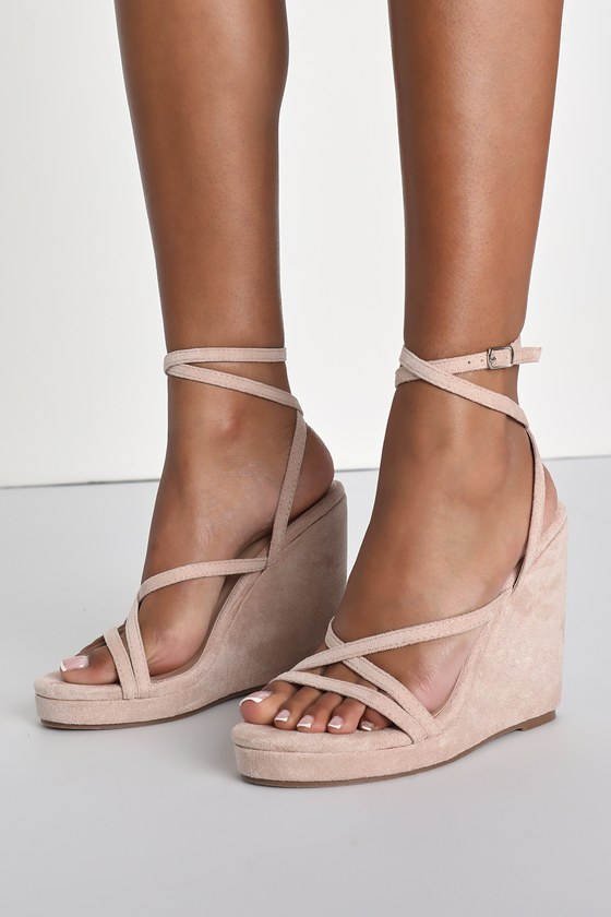 Lulus Ginerva Light Nude Suede Strappy Wedge Sandal Heels In Beige