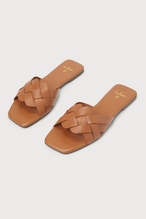 Lulus Nuneh Tan Leather Woven Slide Sandal Heels