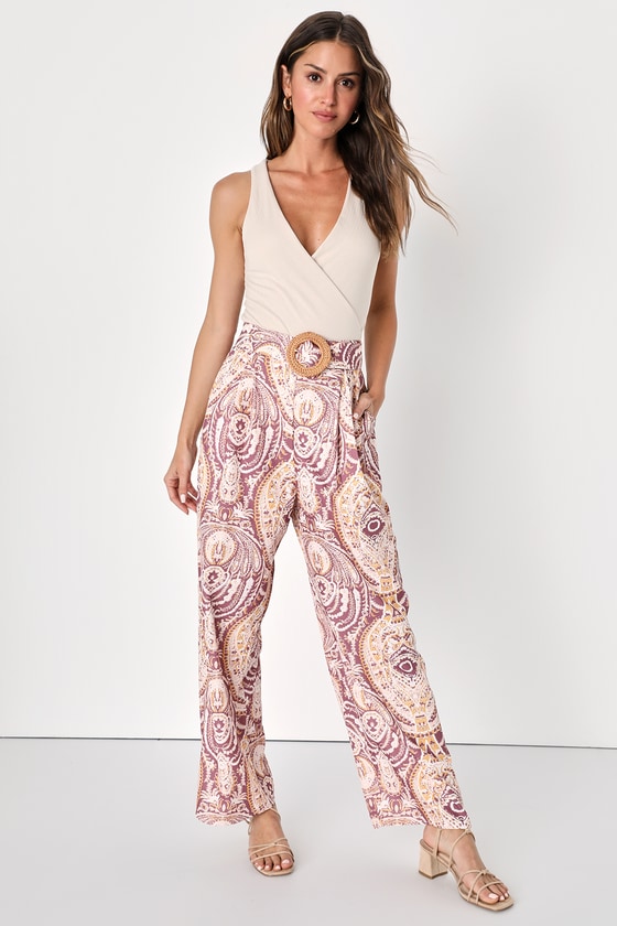 Lulus Boho Aesthetic Mauve Multi Paisley Print Wide Leg Pants