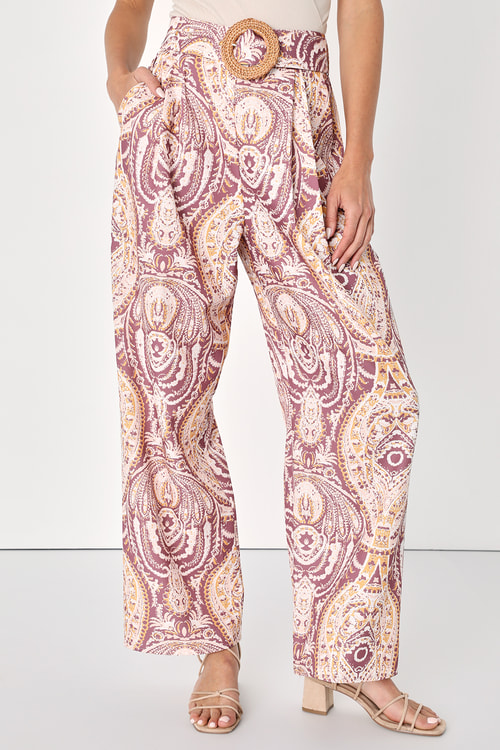Boho Aesthetic Mauve Multi Paisley Print Wide Leg Pants