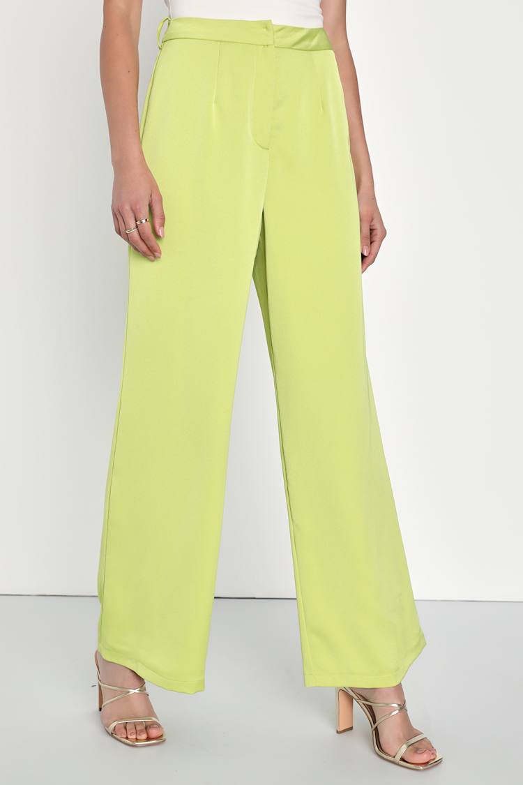 Lime Green Satin Pants - Wide Leg Pants - Satin Trouser Pants - Lulus