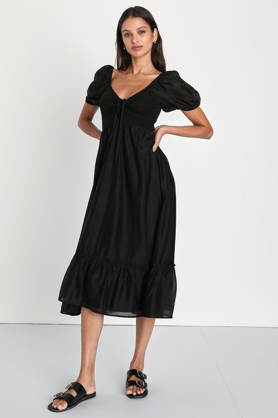 Lulus Inspiring Feelings Black Smocked Puff Sleeve Midi Dress