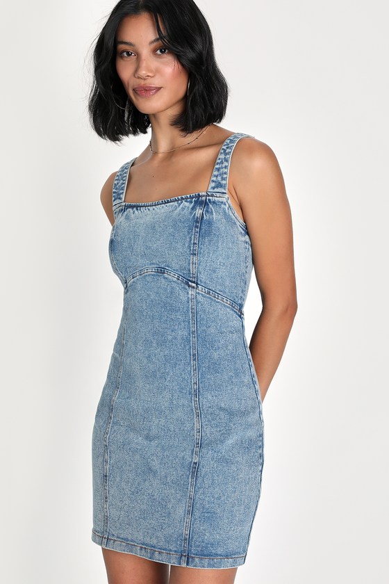 Lulus Cool Impression Medium Wash Lace-up Denim Mini Dress In Blue