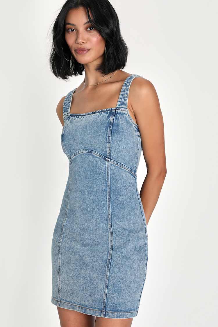 knee length dresses for ladies Charcoal Washed Denim Lace Up Bodice Mini Dress main image 0