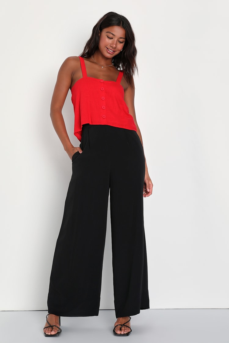 Black High Waisted Wide Leg Pants with Diagonal Pockets & Banded