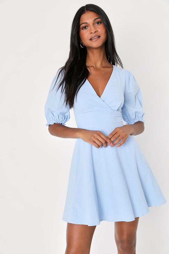 Lulus Dreaming Of Paris Blue Puff Sleeve Mini Dress With Pockets
