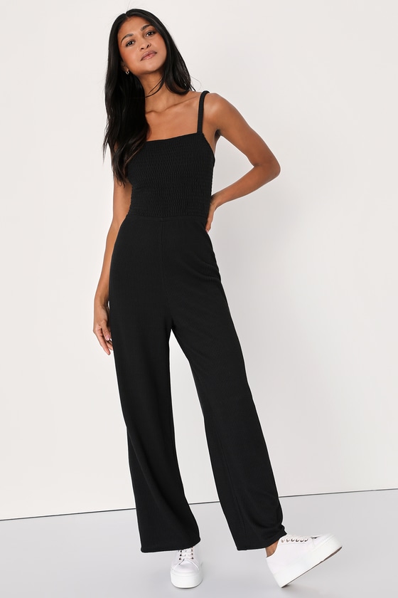 Lulus Cutely Curated Black Smocked Ribbed Knit Wide-leg Jumpsuit