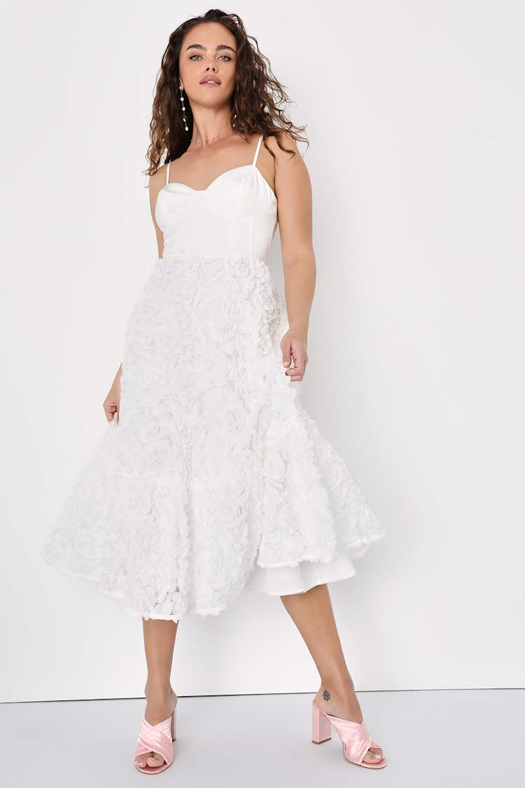 Admired Always White 3D Floral Lace-Up Bustier Midi Dress