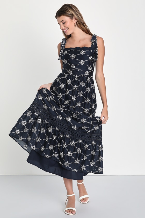 Navy Tie-Strap Dress - Embroidered Midi - Dress With Pockets - Lulus