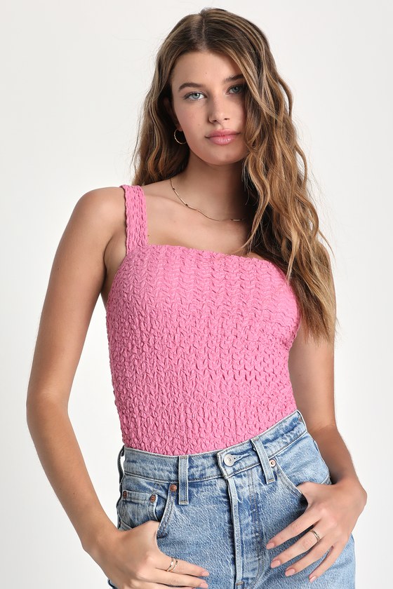 Lulus Cute Impression Pink Crinkle Textured Sleeveless Bodysuit