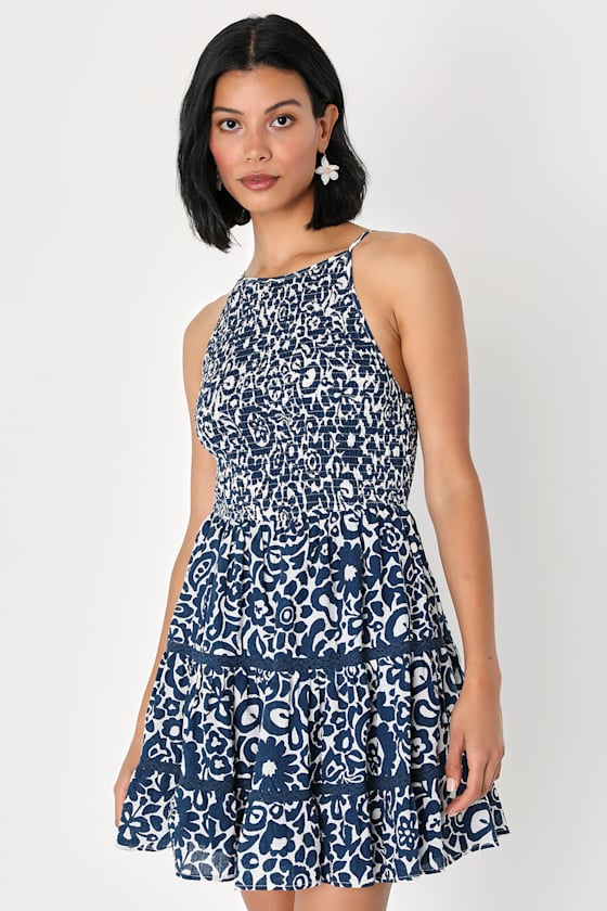 White and Navy Floral Dress - Smocked Mini Dress - Tiered Dress - Lulus