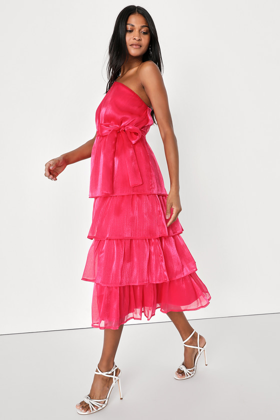 Lulus Sweetest Success Hot Pink Organza Tiered One-shoulder Midi Dress