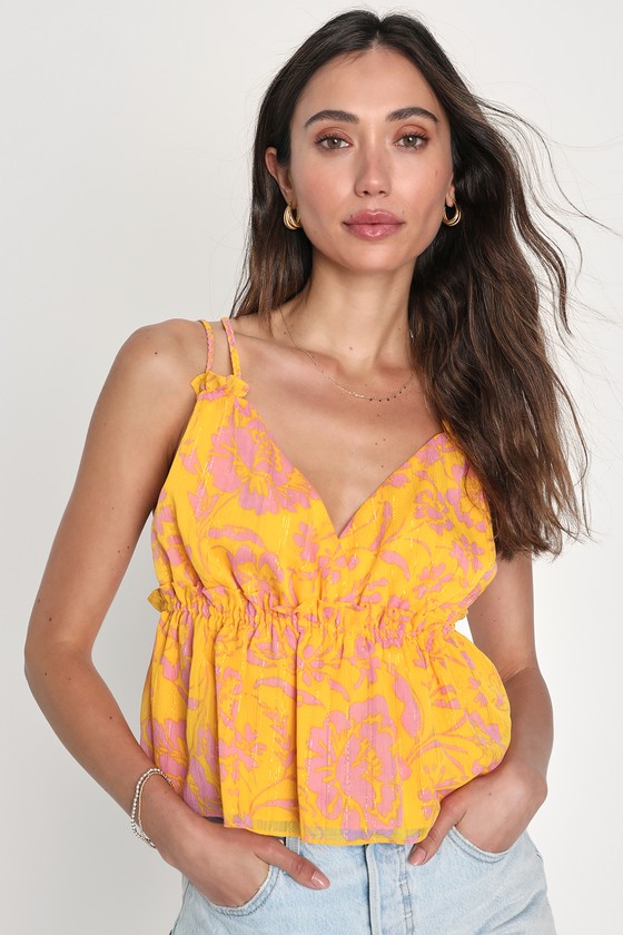 Lulus Bright Instinct Golden Yellow And Pink Floral Braided Cami Tank Top