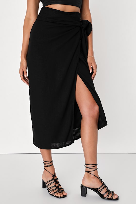 Breezy Personality Black Linen Midi Wrap Skirt 6