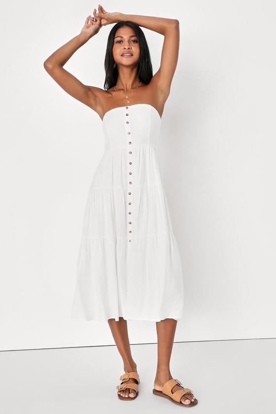 Lulus Sweetness And Sunshine White Strapless Midi Dress With Pockets