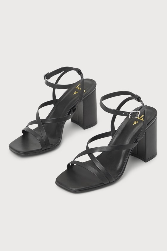 Lulus Eloa Black Leather Strappy Square Toe High Heels