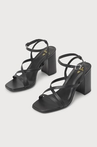 Eloa Black Leather Strappy Square Toe High Heels