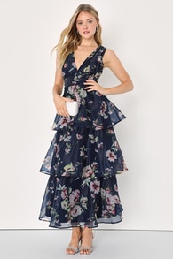 Molinetto Navy Blue Floral Organza Ruffled Tiered Maxi Dress