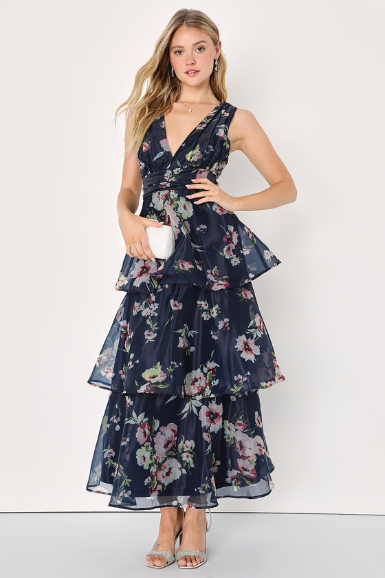 Navy Blue Floral Dress - Organza Ruffled Dress - Tiered Maxi - Lulus