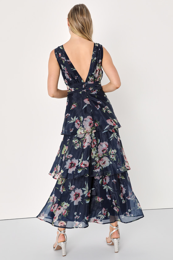 Navy Blue Floral Dress - Organza Ruffled Dress - Tiered Maxi - Lulus