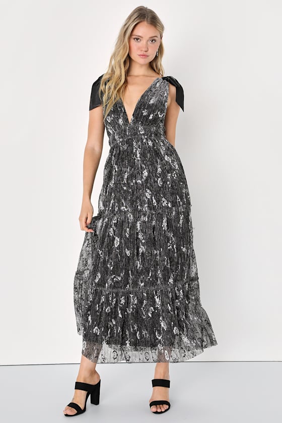Black Floral Lurex Dress TieStrap Maxi Dress Tiered Dress Lulus